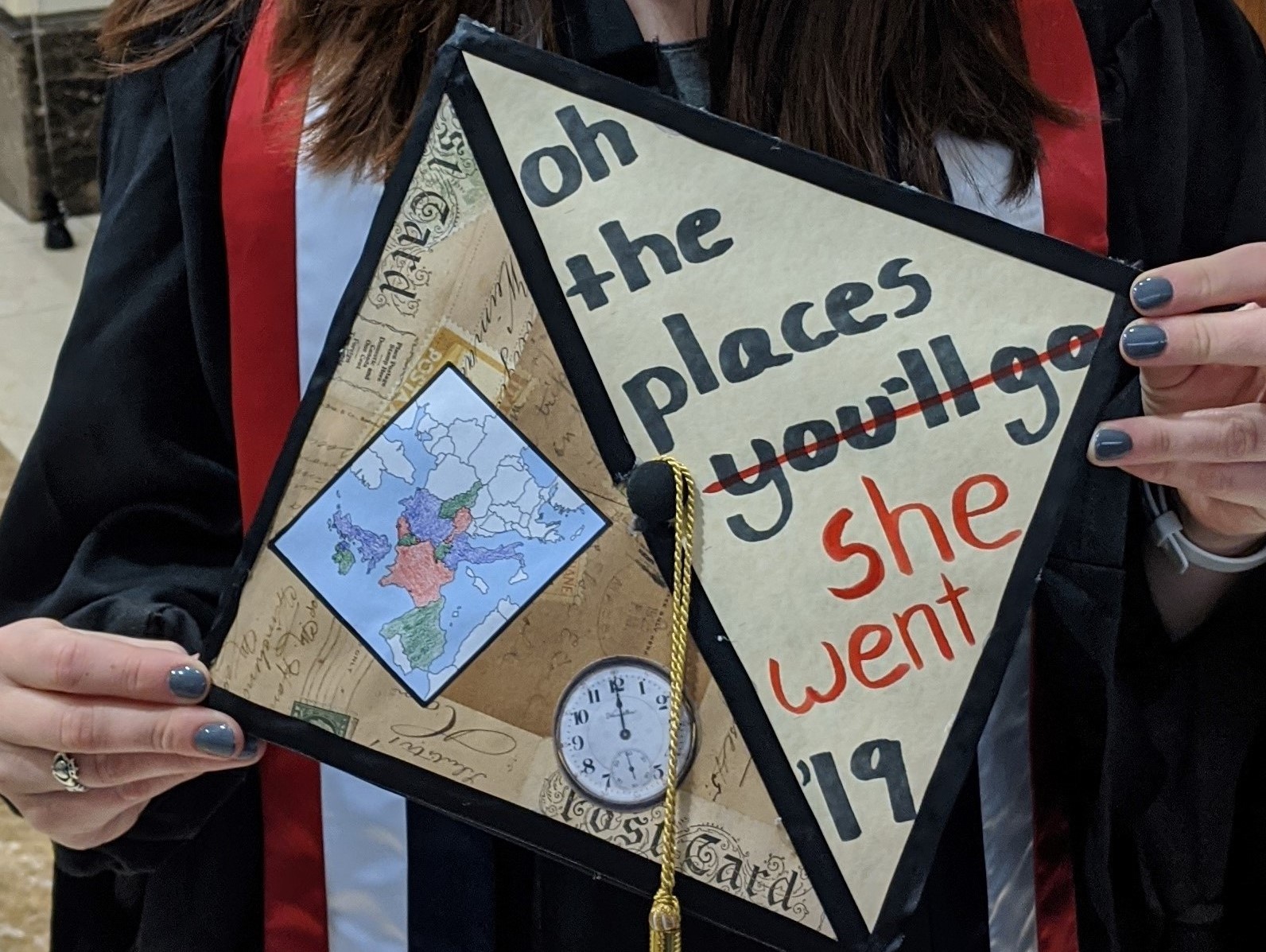 Photo of graduation cap with travel theme